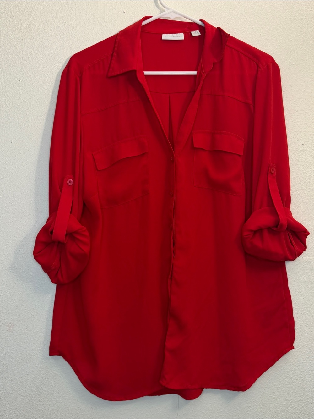 New York & Company Red Roll-Tab Button-Down Blouse, semi sheer, sz XL